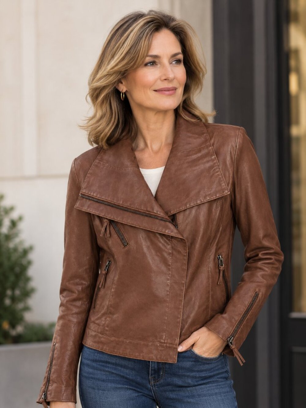 Brown Faux Leather Moto Jacket – Chic Asymmetrical Zip, Size 10 US